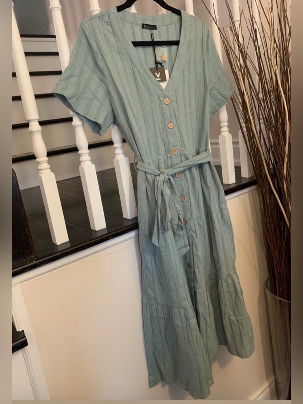 Sage Green Button-Front Tiered Midi Dress
